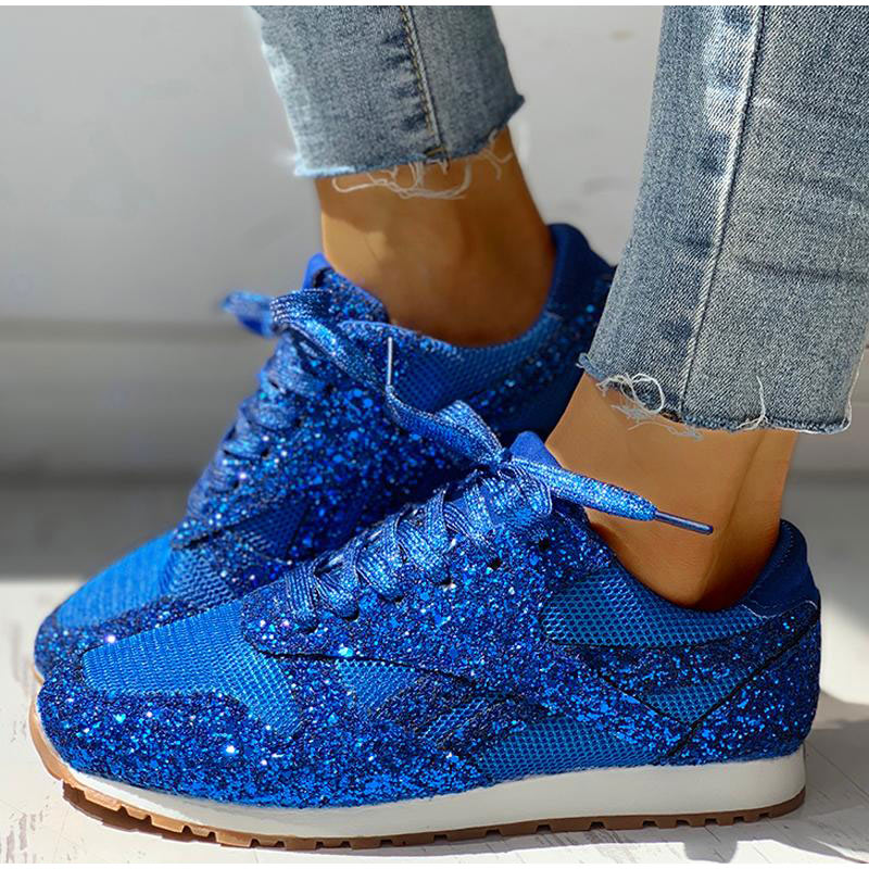Women Flat Glitter Sneakers Casual Female Mesh Lace Up Bling Platform Comfortable Shoes  Soft Knitting.